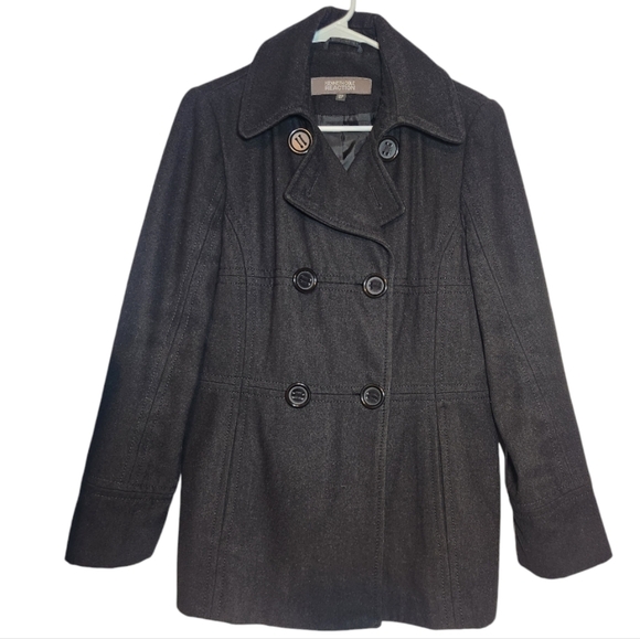 Kenneth Cole Reaction Womens Double Breasted Wool Blend Black Pea Coat Size 12P - Picture 1 of 7